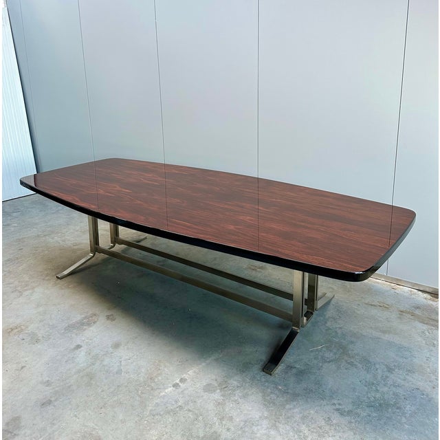 Large Meeting Table with Edged and Veneered Indian Rosewood Top & Brushed Steel Structure by Gianni Moscatelli for Formanova, Italy, 1970s For Sale - Image 6 of 7