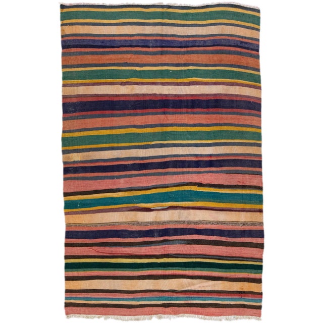 Navy Blue 1960s Vintage Turkish Kilim Multicolor Handmade Stripes Wool Rug For Sale - Image 8 of 8