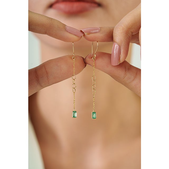Green Handcrafted Emerald Drop Chain Earrings in 14k Yellow Gold With Fishhook Closure- A Pair For Sale - Image 8 of 12