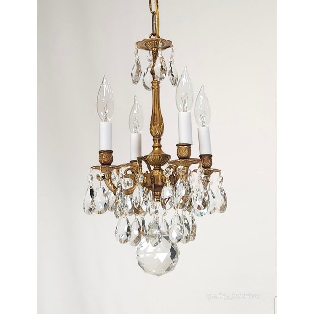1960s Antique 4 Arm 4 Light Glowing Graceful Brass Cut Lead Glass Crystal Chandelier ~ 4 Available For Sale - Image 5 of 11