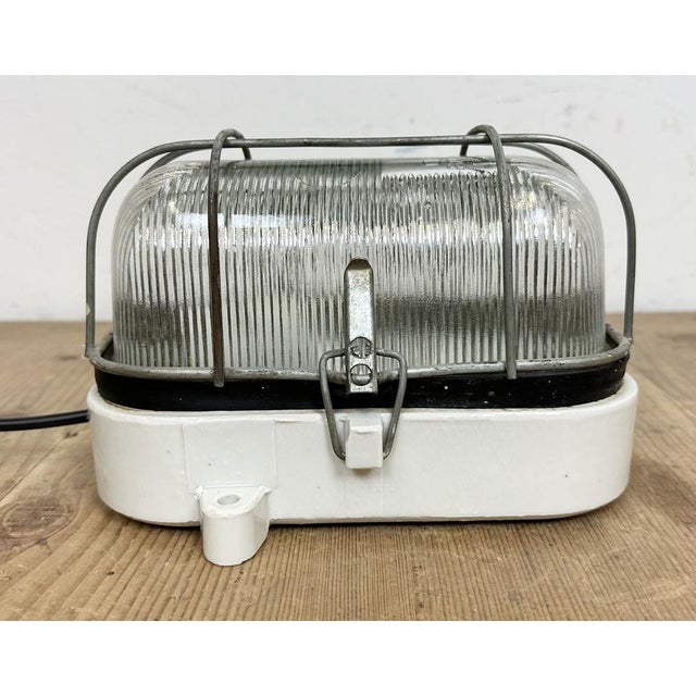 Industrial White Porcelain Cage Wall Light with Ribbed Glass, 1970s For Sale - Image 9 of 18