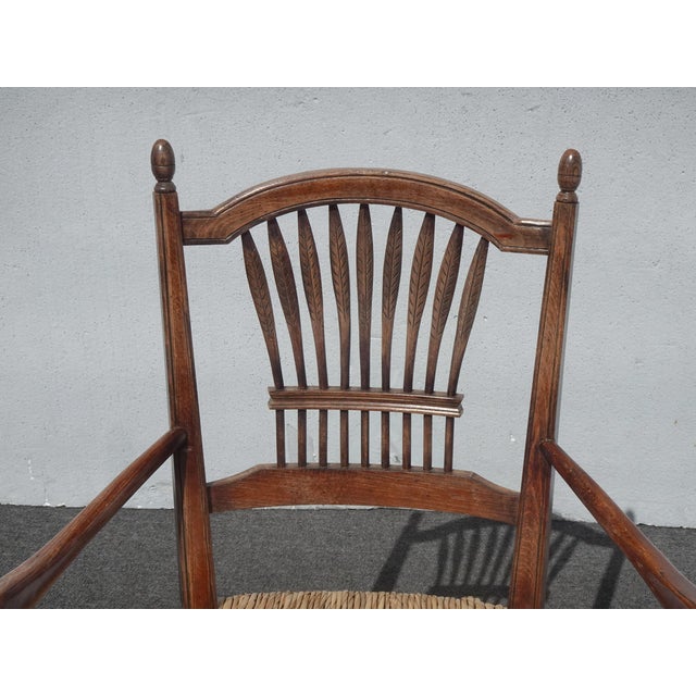 Pair of Vintage Rustic French Country Rush Seat Wheat Sheaf Arm Chairs ~ Lite 2 For Sale - Image 4 of 17