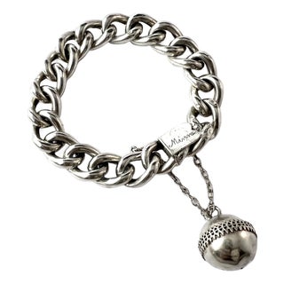 Antique Swedish 1900's Silver Curb Chain Bracelet With Troll Ball Charm - Memory Bracelet For Sale