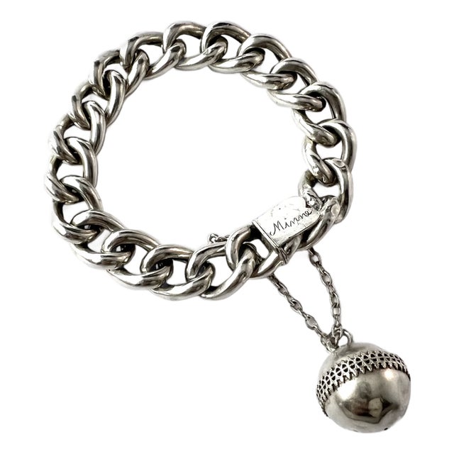 Antique Swedish 1900's Silver Curb Chain Bracelet With Troll Ball Charm - Memory Bracelet For Sale