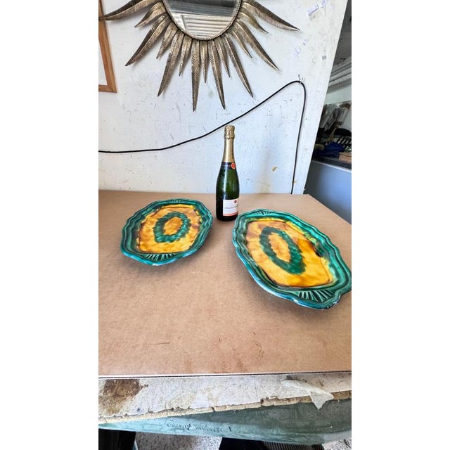 Pair of 1970s French Ceramic Serving Dishes, Layered Rim Design, Green, Yellow & Blue Glaze : This charming pair of...