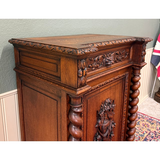 Antique French Renaissance Revival Oak Cabinet Barley Twist Carved Drawers 19thC For Sale - Image 16 of 17