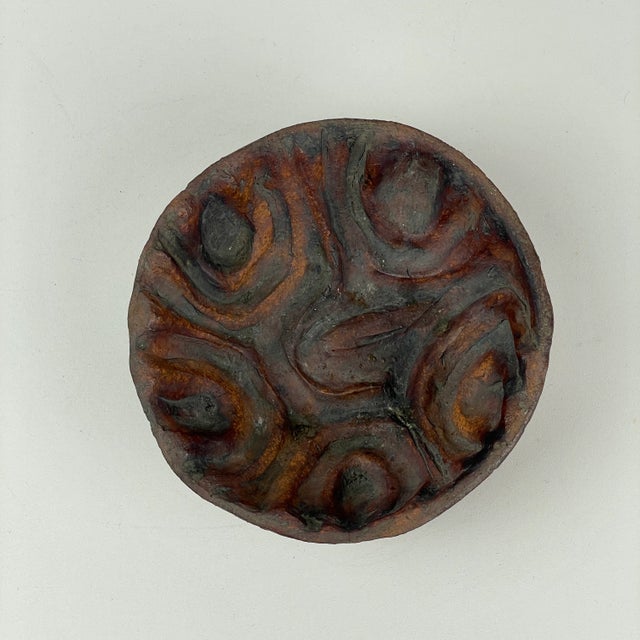 Metal Vintage Signed Ceramic Studio Bowl With Canyon Design in Flaming Copper Finish For Sale - Image 7 of 8