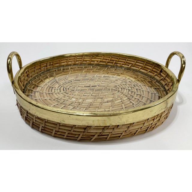 Vintage Gabriella Crespi Style Brass Rim Coiled Rattan Tray For Sale In Kansas City - Image 6 of 8