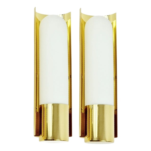 Hollywood Regency Wall Lights in Brass and Opaline Glass from Limburg, 1970s, Set of 2 For Sale