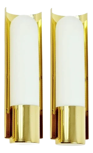 Hollywood Regency Wall Lights in Brass and Opaline Glass from Limburg, 1970s, Set of 2