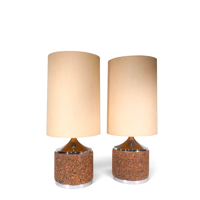 Mid 20th Century Danish Modern Cork and Chrome Table Lamps With Original Shades - Pair For Sale - Image 10 of 14