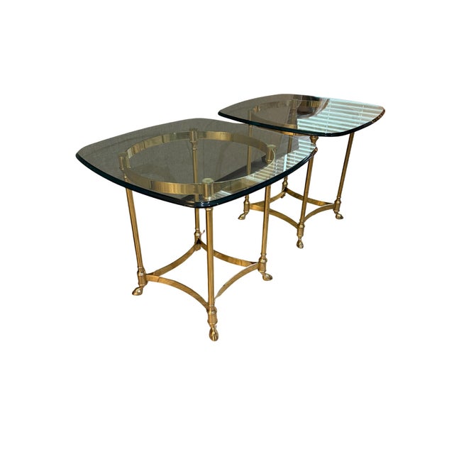 Vintage Mid Century Hollywood Regency La Barge Brass base with hoof feet. Clear glass square top with rounded sides &...