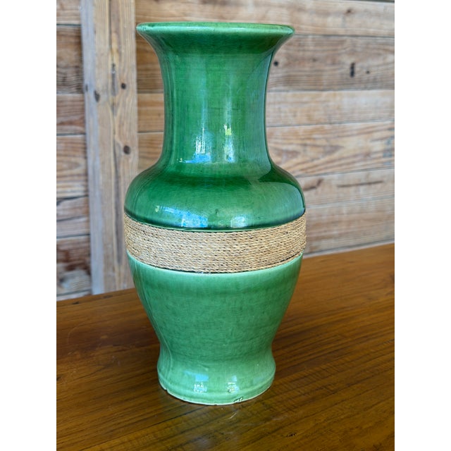 Textile Vintage Green Glazed Ceramic Vase With Natural Fiber Wrap For Sale - Image 7 of 11