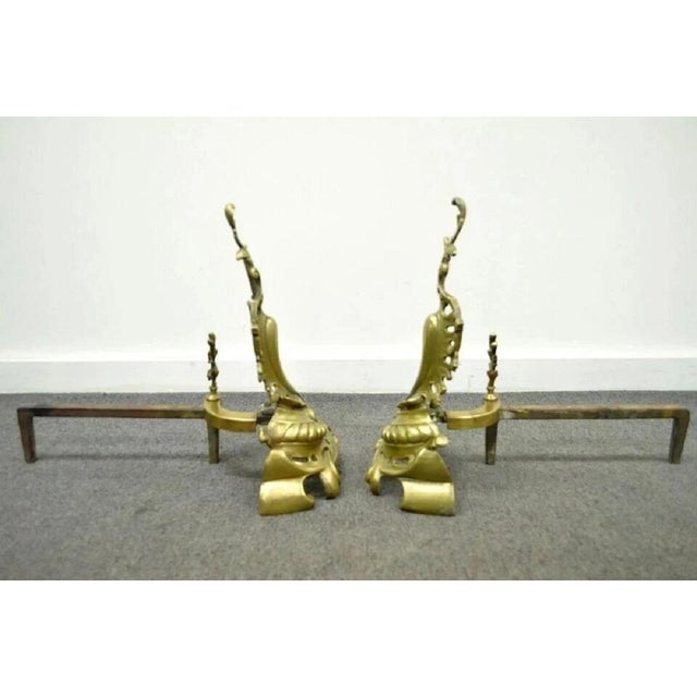 Gold Antique French Louis XV Rococo Style Bronze Brass Acanthus Andirons - A Pair For Sale - Image 8 of 11
