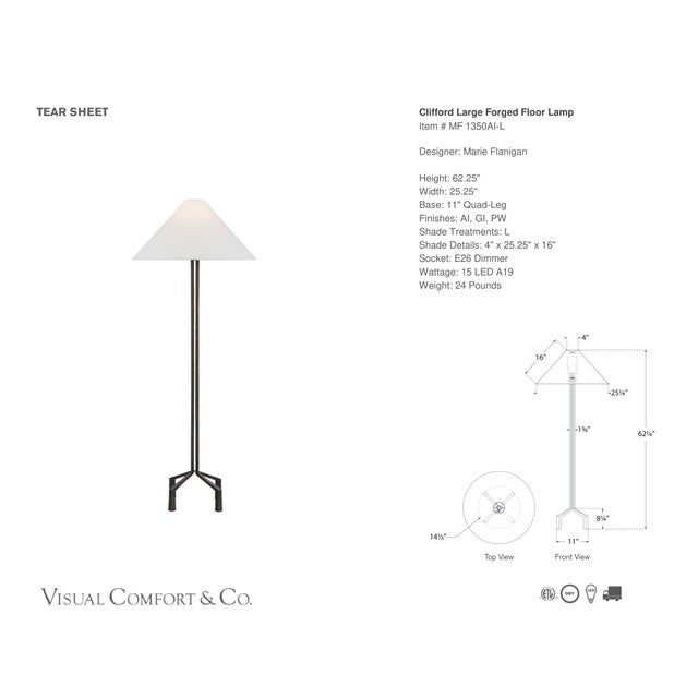 Marie Flanigan by Visual Comfort Signature Clifford Large Forged Floor Lamp in Aged Iron with Linen Shade Designer: Marie...