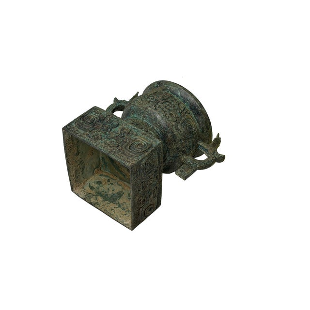 Vintage Style Ancient Ritual Bronze Vessel Display Art For Sale - Image 4 of 11