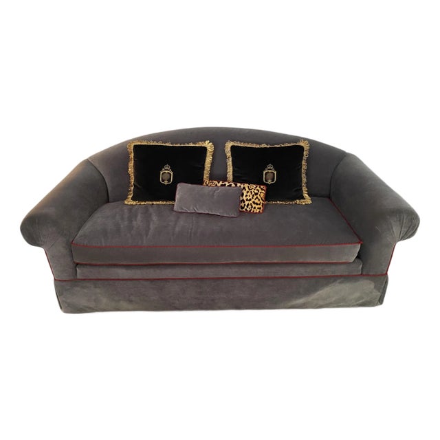 Gray Camelback Velvet Sofa For Sale