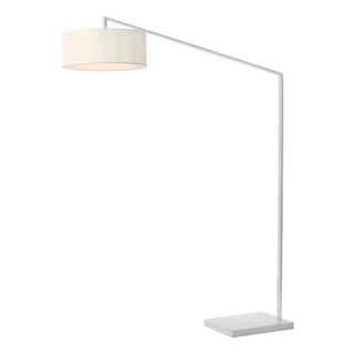 Mid-Century Modern Stretch 87" Arc Floor Lamp, Linen Drum Shade & White Body, Dimmable For Sale