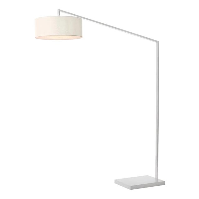 Mid-Century Modern Stretch 87" Arc Floor Lamp, Linen Drum Shade & White Body, Dimmable For Sale