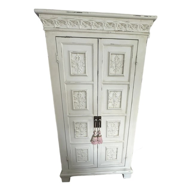 French-Style White Wood and Metal Armoire , Wardrobe or Linen Press For Sale