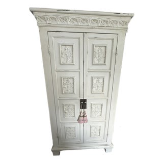 French-Style White Wood and Metal Armoire , Wardrobe or Linen Press With Pink Tassels For Sale