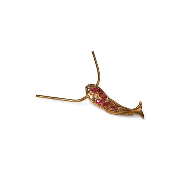 18K yellow gold fish slide pendant featuring 5 natural rubies total 0.7 carats and 4 brilliant round diamonds. Measures...