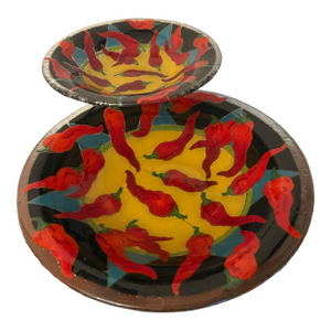 Peggy Karr Two-Tier Fused Glass Serving Bowl Set With Metal Stand – Chili Pepper Art Glass Serveware