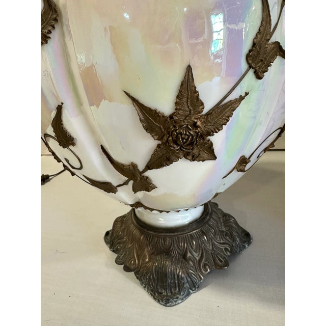 Hollywood Regency Pair of Hollywood Regency Lamps Large Opalescent Iridescent White Glass Bodies W/ Bronze Filigree Overlay 3-Way Switch 1970s For Sale - Image 3 of 11