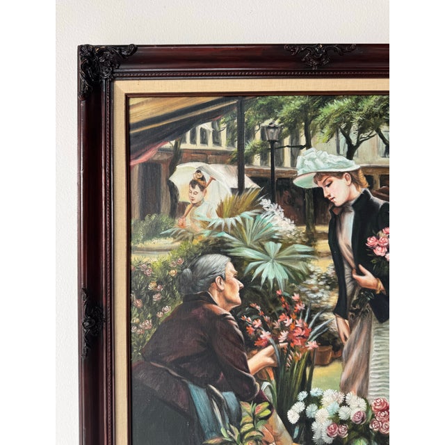 1980s 1970s Vintage Bruce Figurative Floral Market Scene Oil on Canvas Painting For Sale - Image 5 of 10