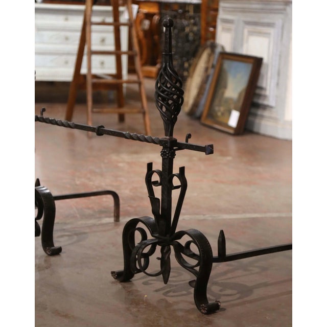 Pair of Mid-19th Century French Gothic Wrought Iron Andirons With Crossbar For Sale - Image 9 of 10