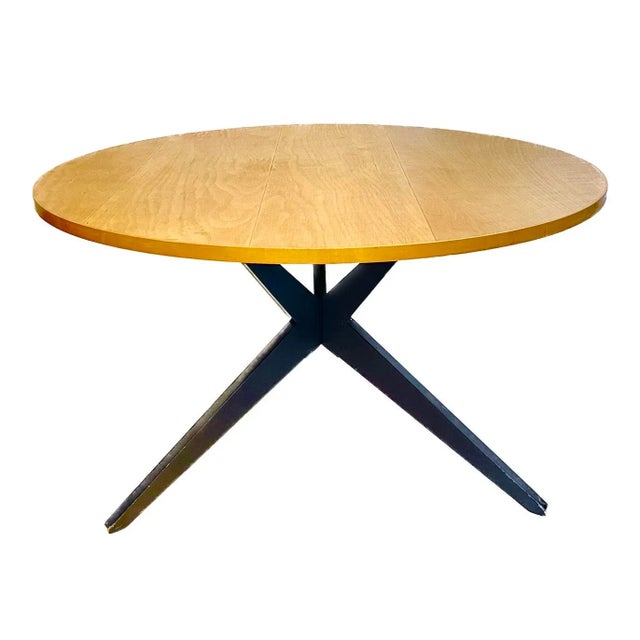 Vintage Mid-Century Modern abstract cross brace leg round popsicle stick table by Hans Bellmann for Knoll. No maker's marks.