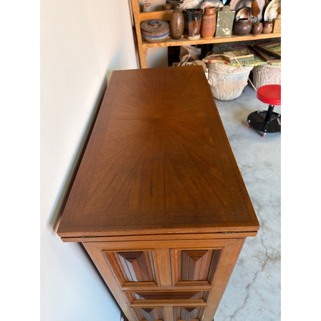 Brown Mid Century Paneled Doors Cabinet With Green Marble-Look Top For Sale - Image 8 of 17