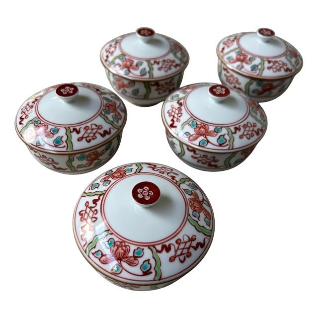 Japanese Arita Porcelain Lidded Bowls, 1970s., Set of 5 For Sale