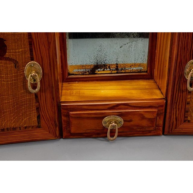 Metal French Art Deco Pine Wood Wall Cabinet with Bird Marquetry & Mirror, 1930s For Sale - Image 7 of 18