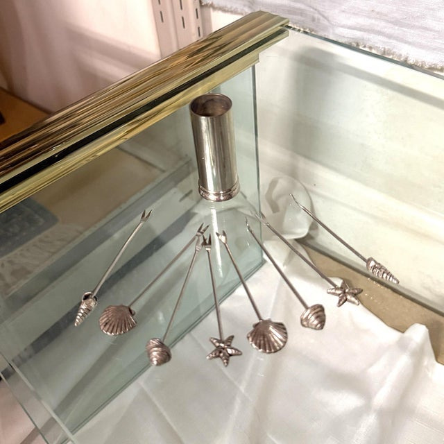 Boho Chic Vintage Pewter Seashell Cocktail Forks With Holder - Set of 9 For Sale - Image 3 of 6