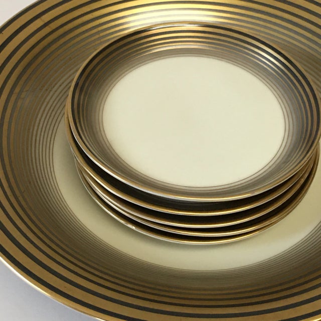 Beautiful and rare, 1930s Felda Rhön porcelain serving pieces. Each item is creamy ivory with a wide grey ombre border...