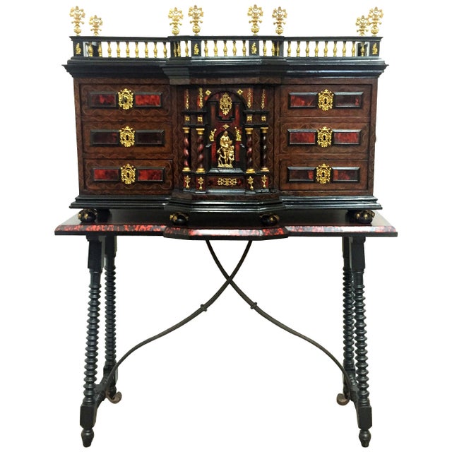 Italian cabinet on table. Walnut and rosewood, hawksbill, bronze in color and gilded, 17th century. Sample desktop pool...