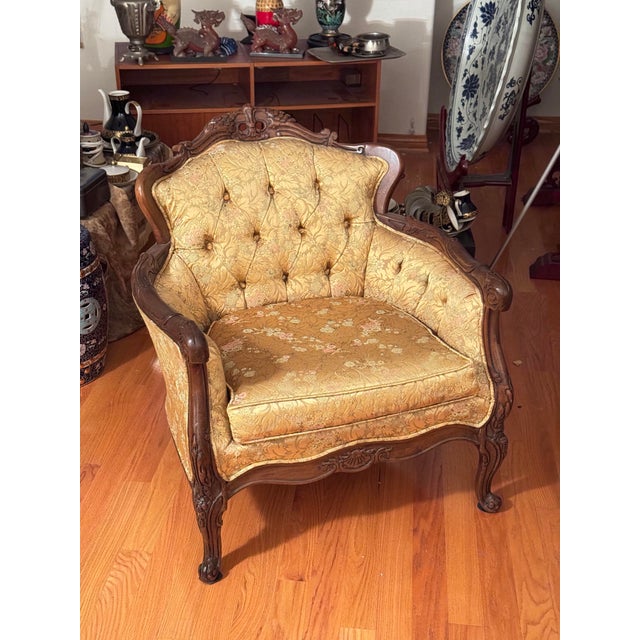 French Provincial Vintage French Provincial/Louis XV Style Carved Wood Sofa and Armchairs – Set of 3 For Sale - Image 3 of 12