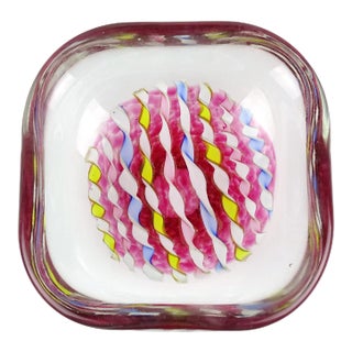 Vintage Murano Pink Yellow Blue White Aventurine Flecks Ribbons Italian Art Glass Mid Century Bowl For Sale