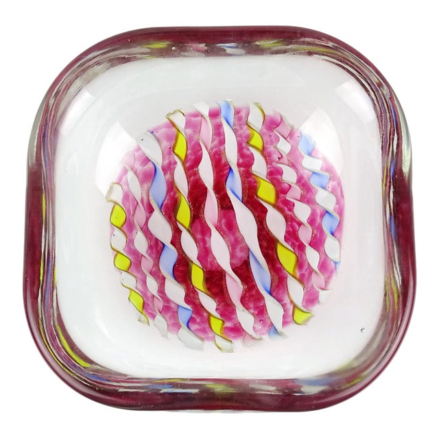 Vintage Murano Pink Yellow Blue White Aventurine Flecks Ribbons Italian Art Glass Mid Century Bowl For Sale