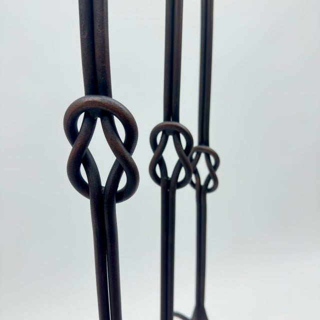 Hand Forged Iron Candelabra Set of 3 (82-102cm) Antique Copper Double Stem with Hercules Knot and Arched Base For Sale - Image 10 of 11