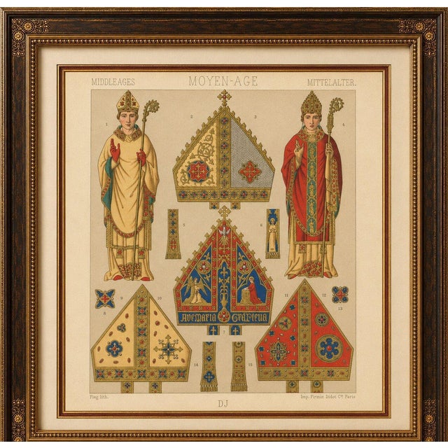 Medieval Bishop Vestments & Gothic Mitres by Racinet, 1888 This richly decorative chromolithograph originates from the...