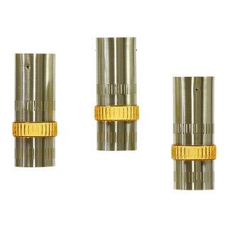 Sweden 1970s Aluminium Tubular Pendant Lights With Amber Glass Ring - Set of 3 For Sale
