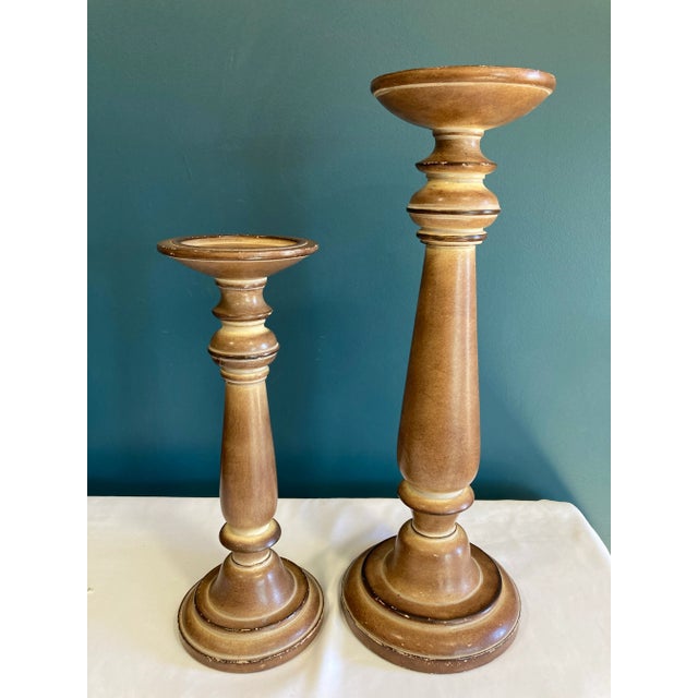 Contemporary Solid Turned Wood Pillar Candlesticks- Set of 2 For Sale - Image 3 of 7