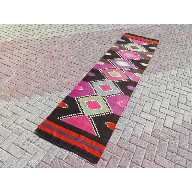 Mid 20th Century Mid 20th Century Magenta & Brown Vintage 60's Turkish Handwoven Boho Runner Rug For Sale - Image 5 of 11