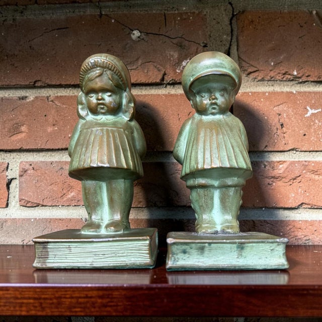 Antique Bronze-Clad Boy & Girl Figural Bookends, Verdigris Patina, C. 1920s, Sold as a Pair For Sale - Image 4 of 10
