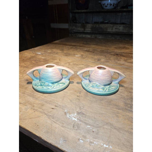 1940s Pair of Roseville Water Lily Single Candle Holders For Sale - Image 5 of 8