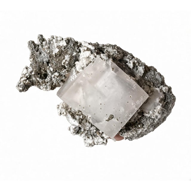 Gemstone Large Natural Fluorite Cube Crystal Specimen With Pyrite & Calcite Matrix For Sale - Image 7 of 15