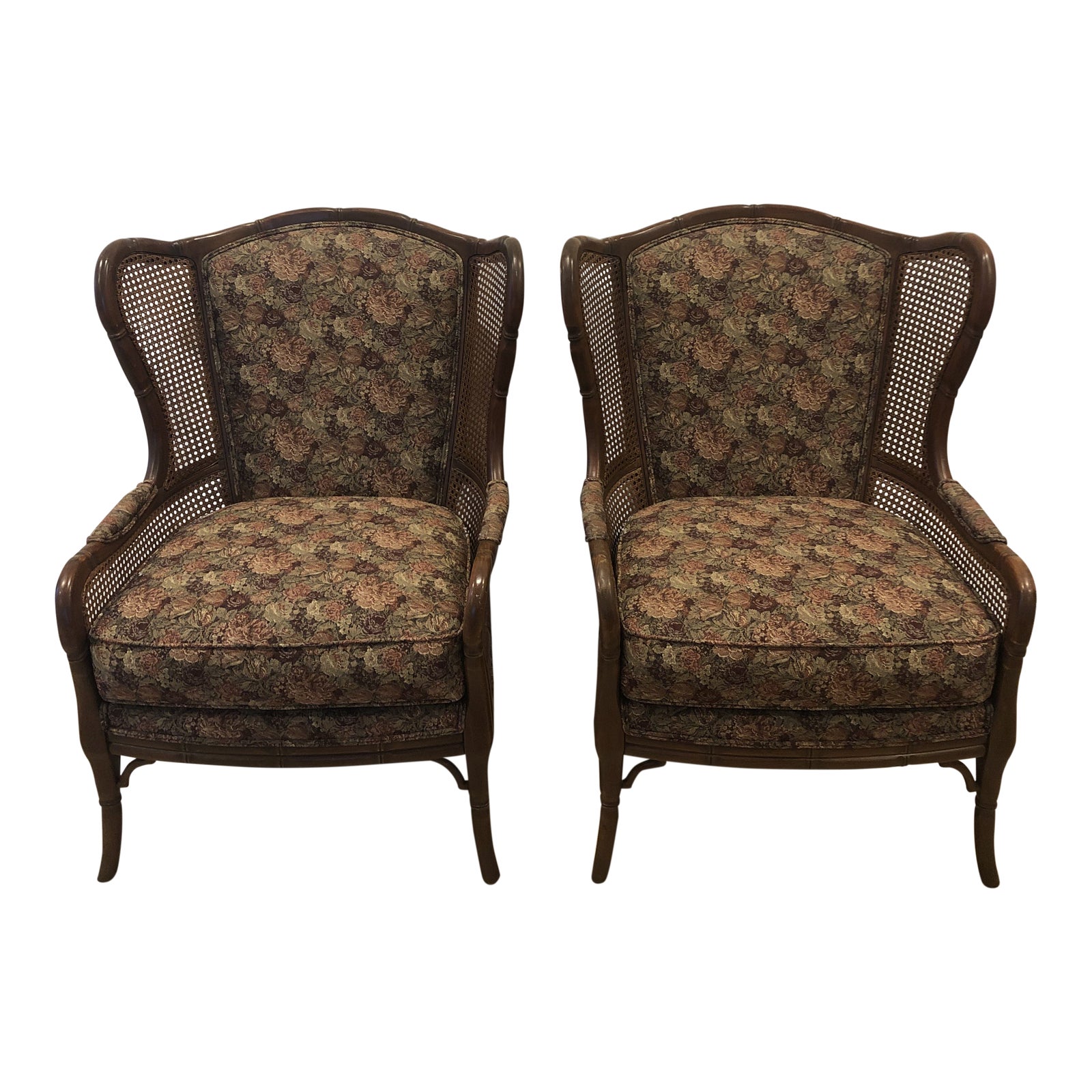 1990s Vintage Ethan Allen Faux Bamboo Rattan Cane Wingback Arm Chairs