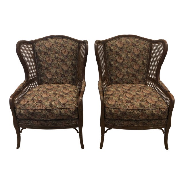 1990s Vintage Ethan Allen Faux Bamboo Rattan Cane Wingback Arm Chairs